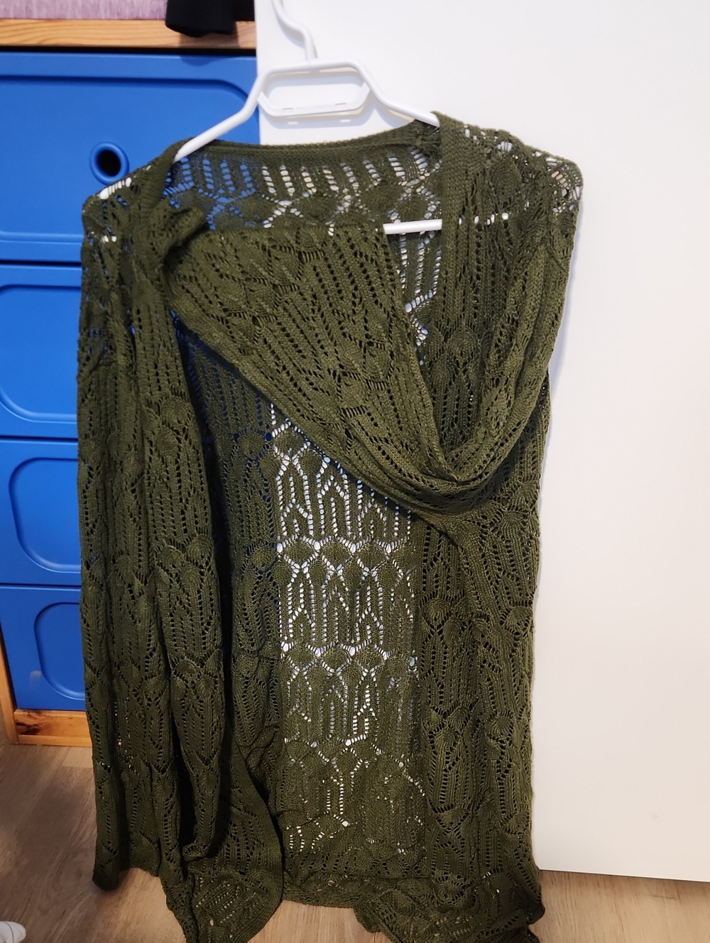 Open-Knit Hooded Cardigan in Olive Green